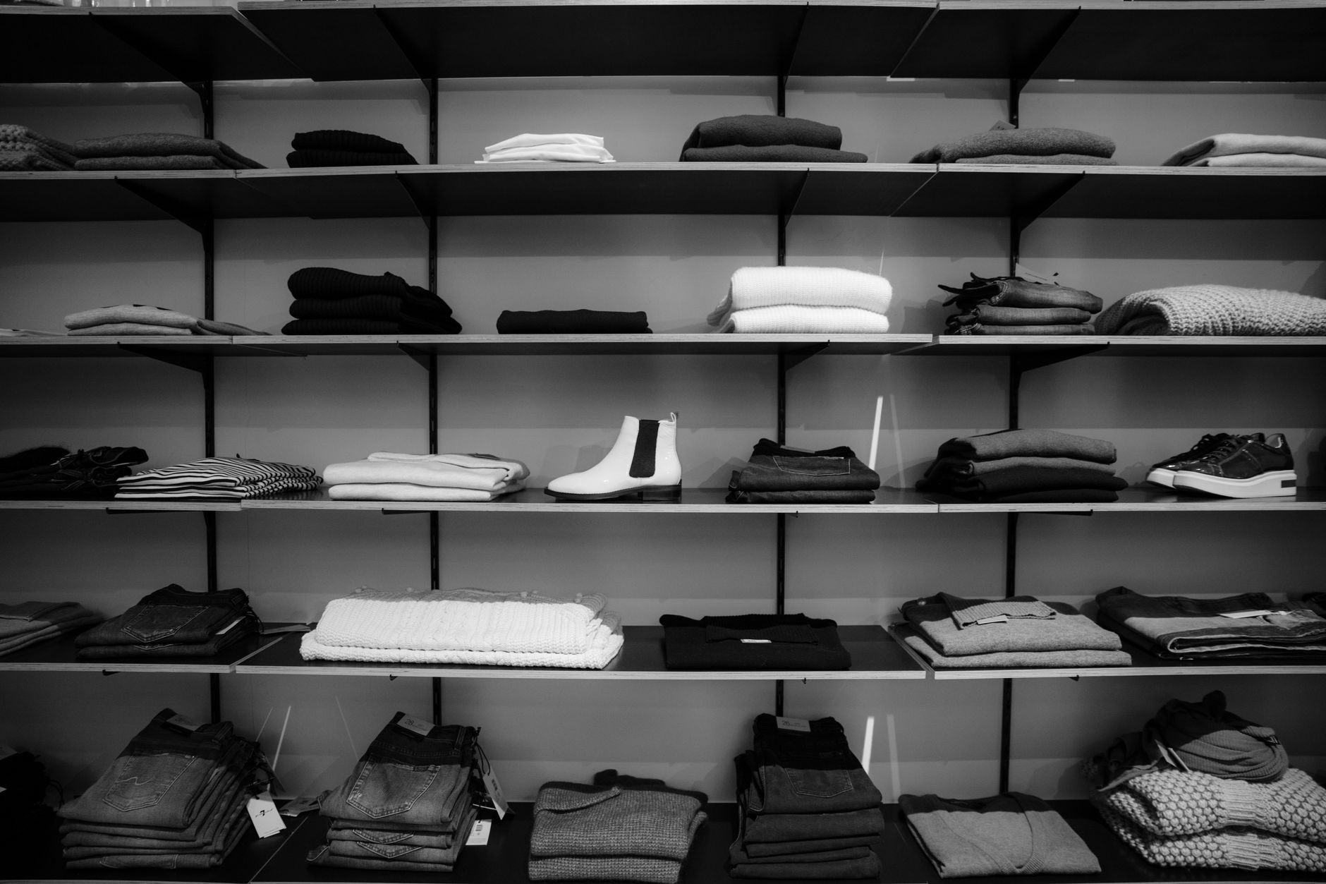 Folded knitwear stacked on a shelf